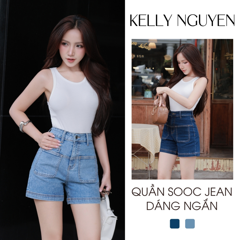 Quần short jean nữ KELLY NGUYỄN chất demin co giãn, cạp cao tôn dáng, quần 2 túi hộp | SJN001