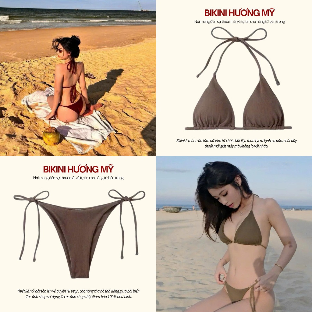 Bikini đồ bơi 2 mảnh, bộ đồ bơi sexy màu trơn áo tam giác quần dây lọt khe quyến rũ