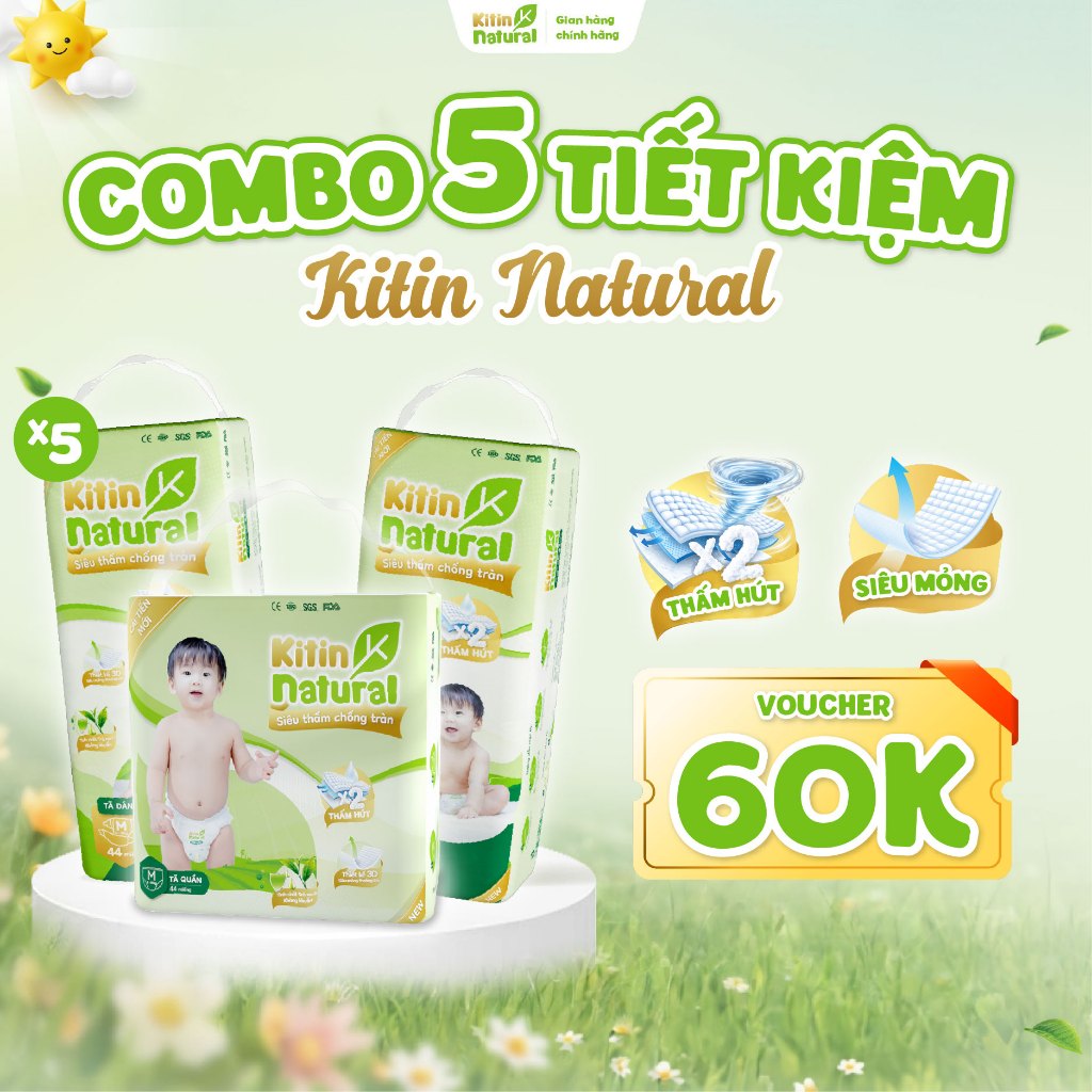 Combo 5 bịch Tã/Bỉm Kitin Natural dán Kitin Natural size NB56/S50/M44/L40