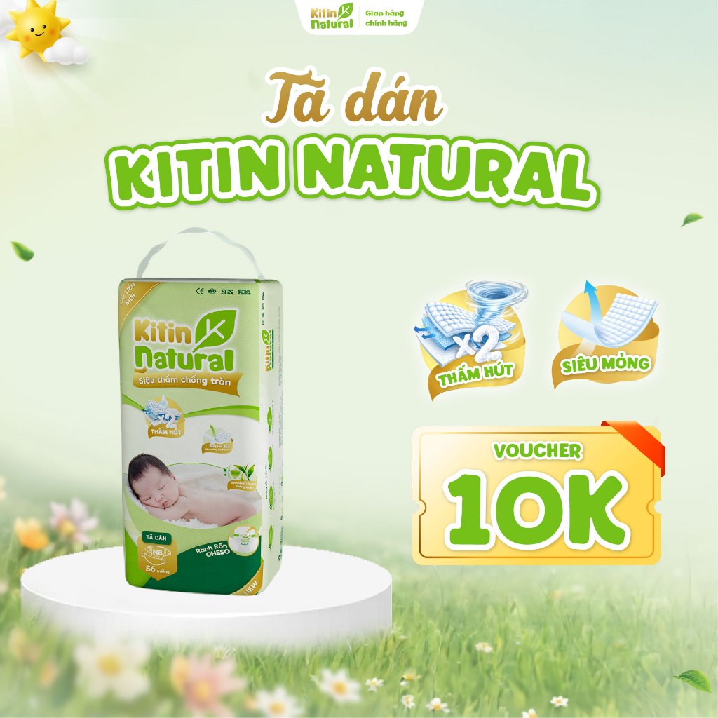 Tã/Bỉm Dán Sơ Sinh Kitin Natural Size NewBorn/S/M/L Siêu Mềm Mịn, Mỏng Thoáng, Thấm Hút Tốt An Toàn 