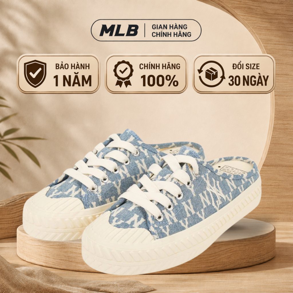 Giày Sục MLB Playball Origin Mule Xanh Nhạt Chính Hãng - Giày Đạp Gót Vải Canvas Đế Cao 3cm Fullbox 