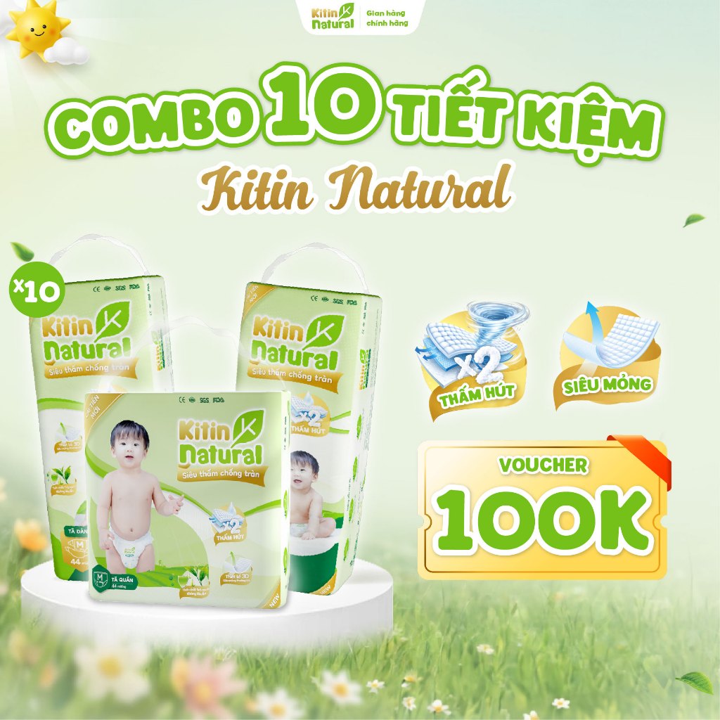 Combo 10 bịch Tã/Bỉm Kitin Natural dán Kitin Natural size NB56/S50/M44/L40