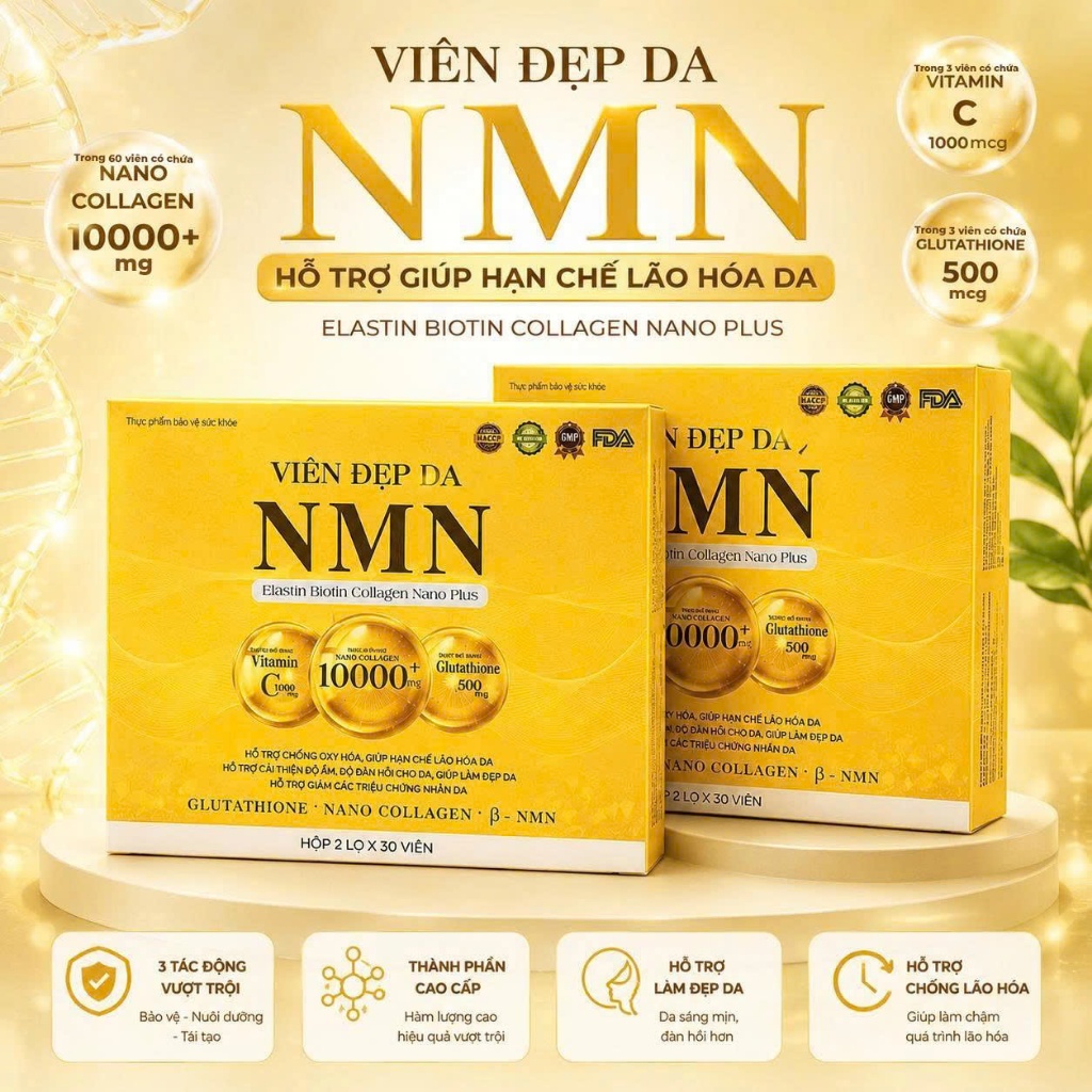 Combo 2 hộp -TPBVSK Viên đẹp da NMN Elastin Biotin Collagen nano Plus -hỗ trợ làm đẹp da chăm sóc từ