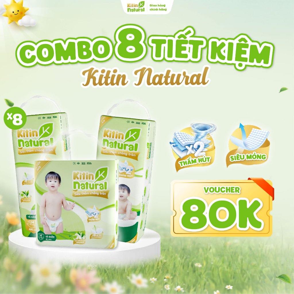 COMBO 8 BỊCH tã bỉm quần/dán Kitin Natural tinh chất trà xanh kháng khuẩn, chống hăm và siêu mỏng