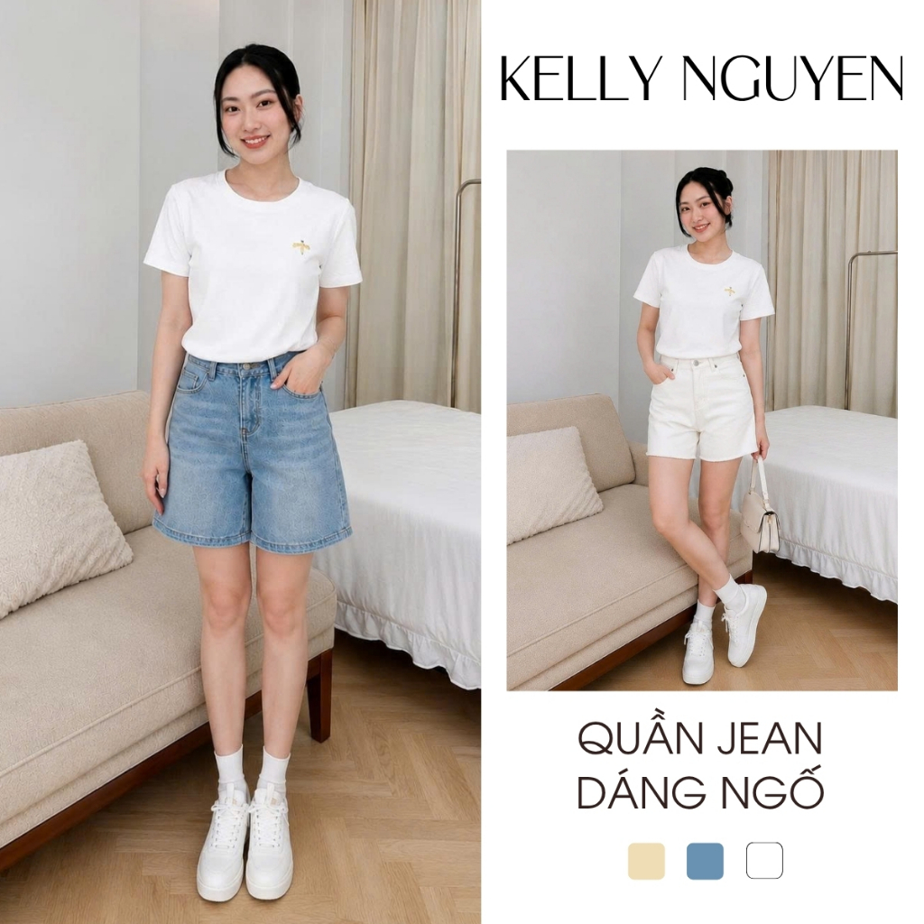 Quần jean ngố nữ KELLY NGUYỄN ống suông, lưng cao, thiết kế trẻ trung thoải mái dễ mặc | QJN007
