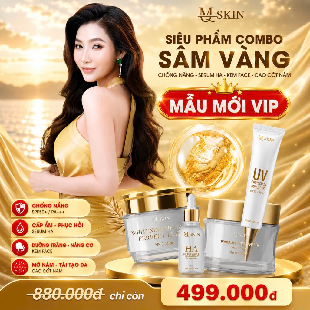 [MẪU MỚI NÂNG CẤP VIP] MQ Skin Sâm Vàng 4 món Kem face 20g, Cao nám 15g, Serum 10ml, Chống nắng 10ml