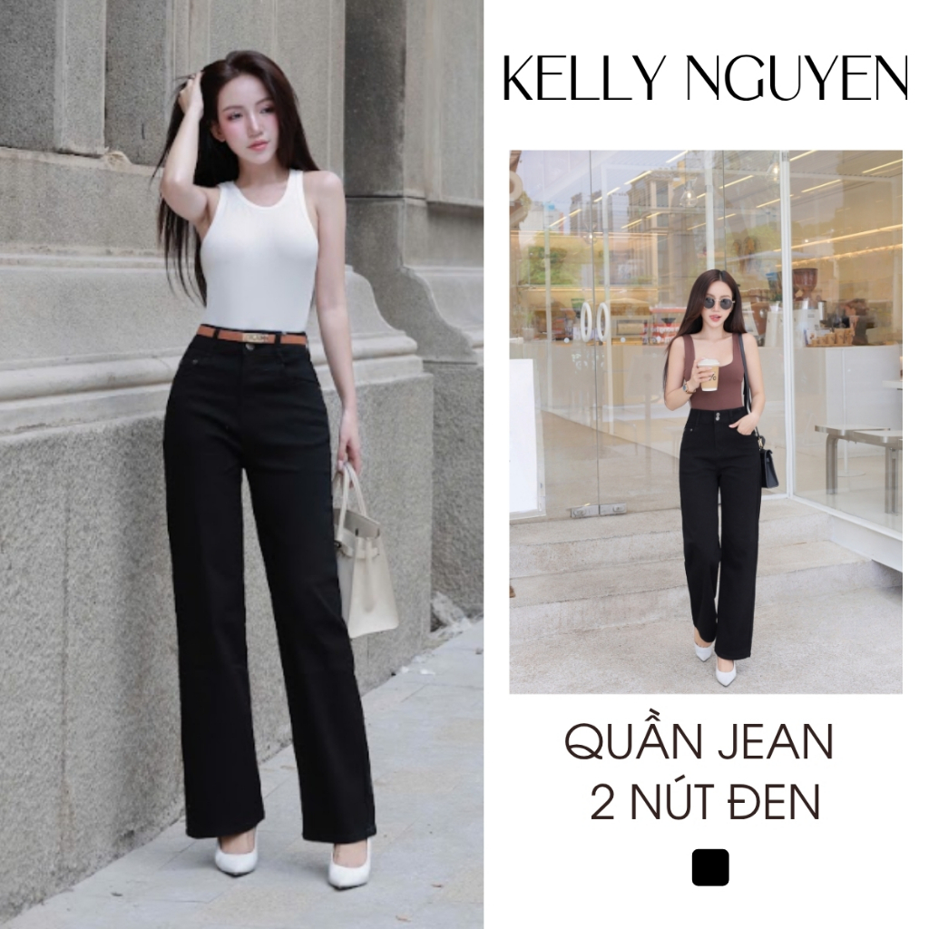 Quần Jeans Suông Đen - Trắng Dáng Dài Co giãn Kelly Nguyễn - QJN003