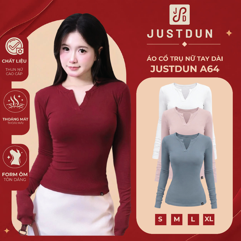 Áo Cổ Trụ Nữ Tay Dài JUSTDUN A64 - Vải Cotton Cao Cấp Mềm Mịn, Co Giãn Thoải Mái, Tôn Dáng