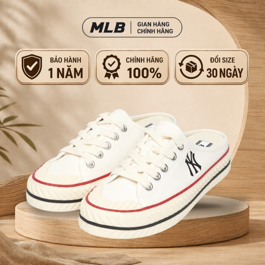 Giày Sục MLB Playball Origin Mule Trắng Chính Hãng - Giày Đạp Gót Vải Canvas Đế Cao 3cm (Fullbox Hid