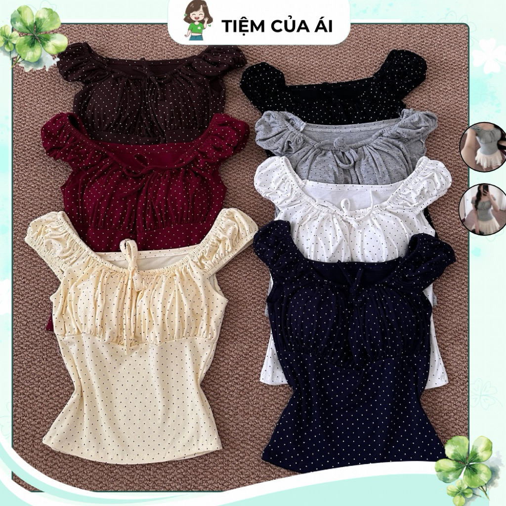 (Sẵn Mút) Áo Kiểu Nữ Trễ Vai Chấm Bi Nhuyễn Tay Bồng Bo Chun Ôm Dáng, Áo Nữ Đính Nơ Ngực | BigBuy360 - bigbuy360.vn
