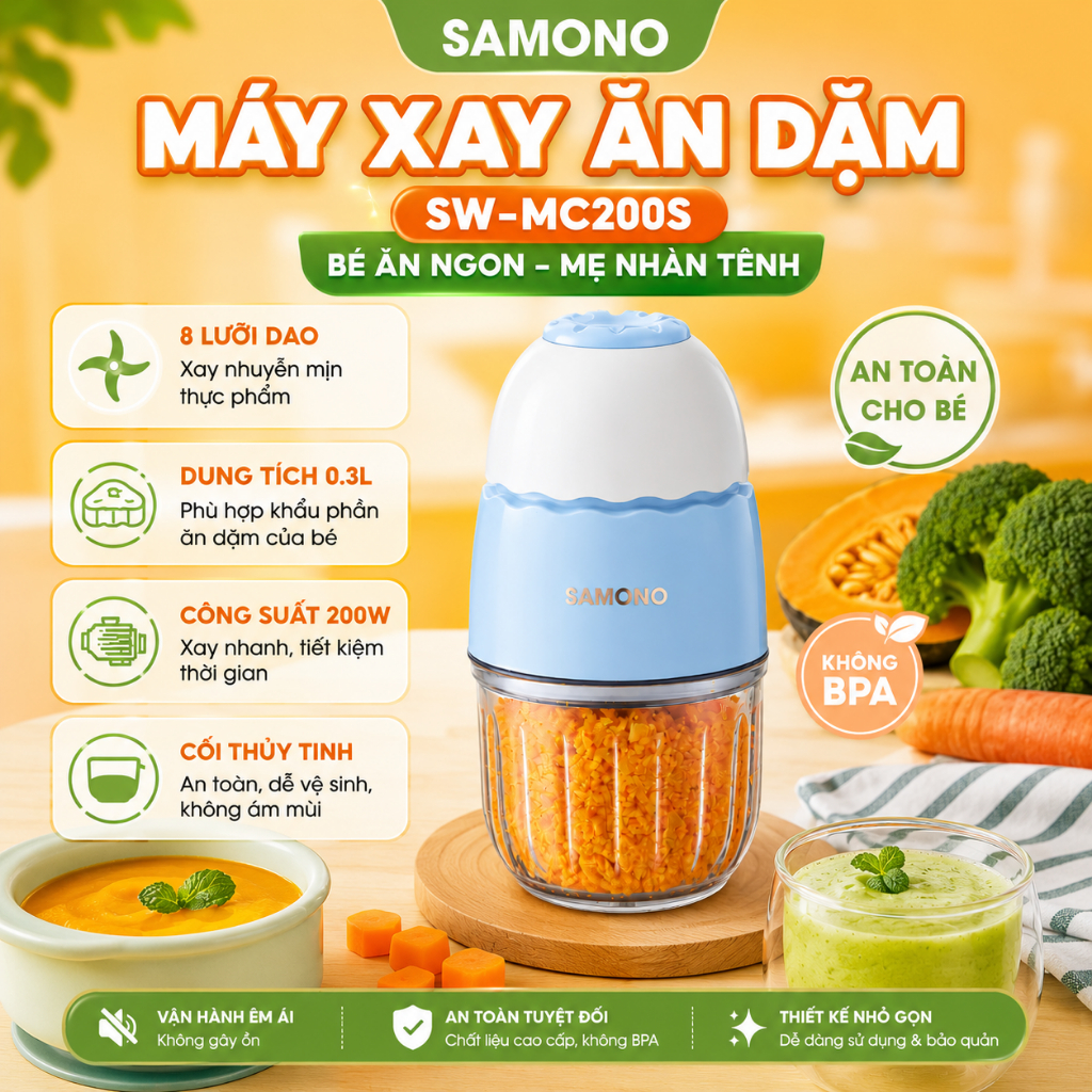 Máy xay Samono cối thủy tinh 300ml 200W xay thịt/ tỏi ớt đa năng/thức ăn dặm cho bé SW-MC200S