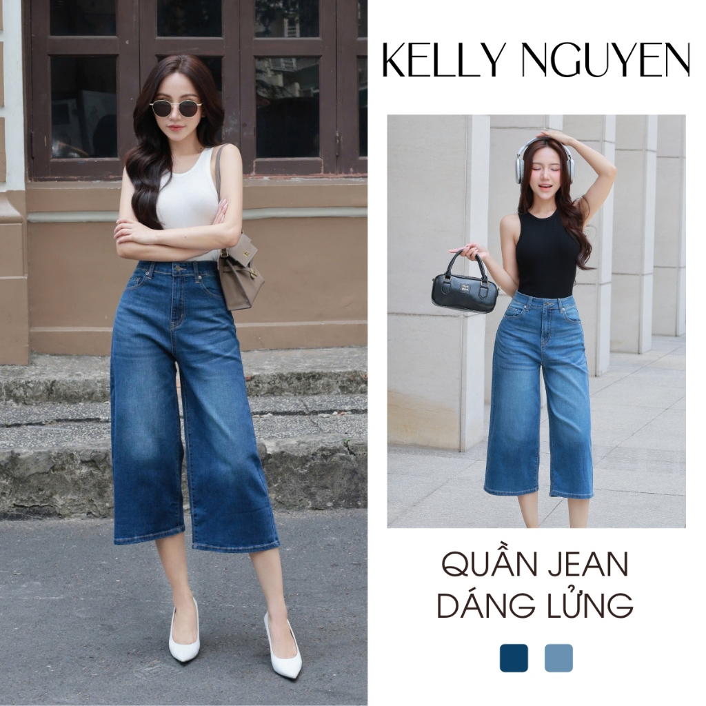 Quần Jean lửng 7 tấc KELLY NGUYỄN, thiết kế ống suông, dài qua gối, chất liệu co giãn | QJL001