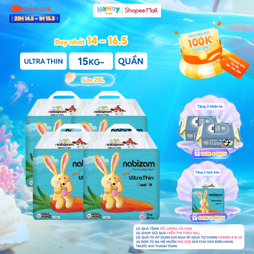Combo 4 Tã Bỉm Quần Nabizam Ultra Thin 2XL22 Chính Hãng Hàn Quốc, 15-20kg, 22 Miếng Thấm Hút Vượt Tr