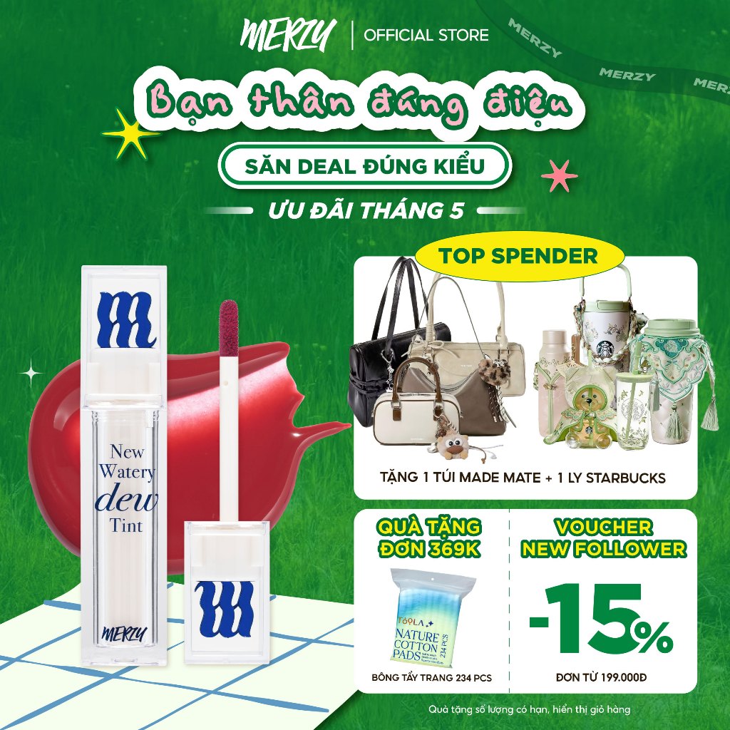 [NEW DEW] Son Tint Bóng Hàn Quốc Bền Màu, Lâu Trôi Cho Đôi Môi Căng Mọng, Ẩm Mịn Merzy The Watery De