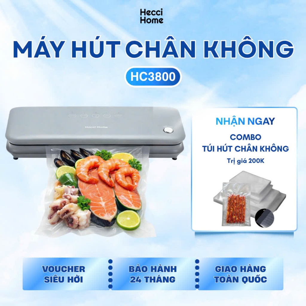 [KHÔNG KÉN TÚI] Máy Hút Chân Không Thực Phẩm Hecci HC3800 - Tích Hợp 2 Động Cơ Mạnh Mẽ