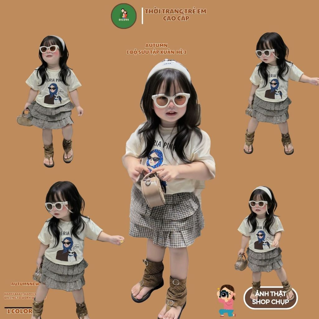 Set Bộ Cho Bé Gái DILOVE Phong Cách Hàn Quốc Áo Bé Chất Liệu Cotton Co Giãn Thoáng Mát | Váy Kẻ Cạp 