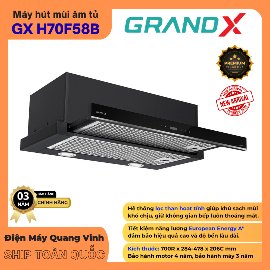 Máy Hút Mùi GrandX GX H70F58B | Telescopic Tornado | Điều Khiển Cảm Ứng Digital
