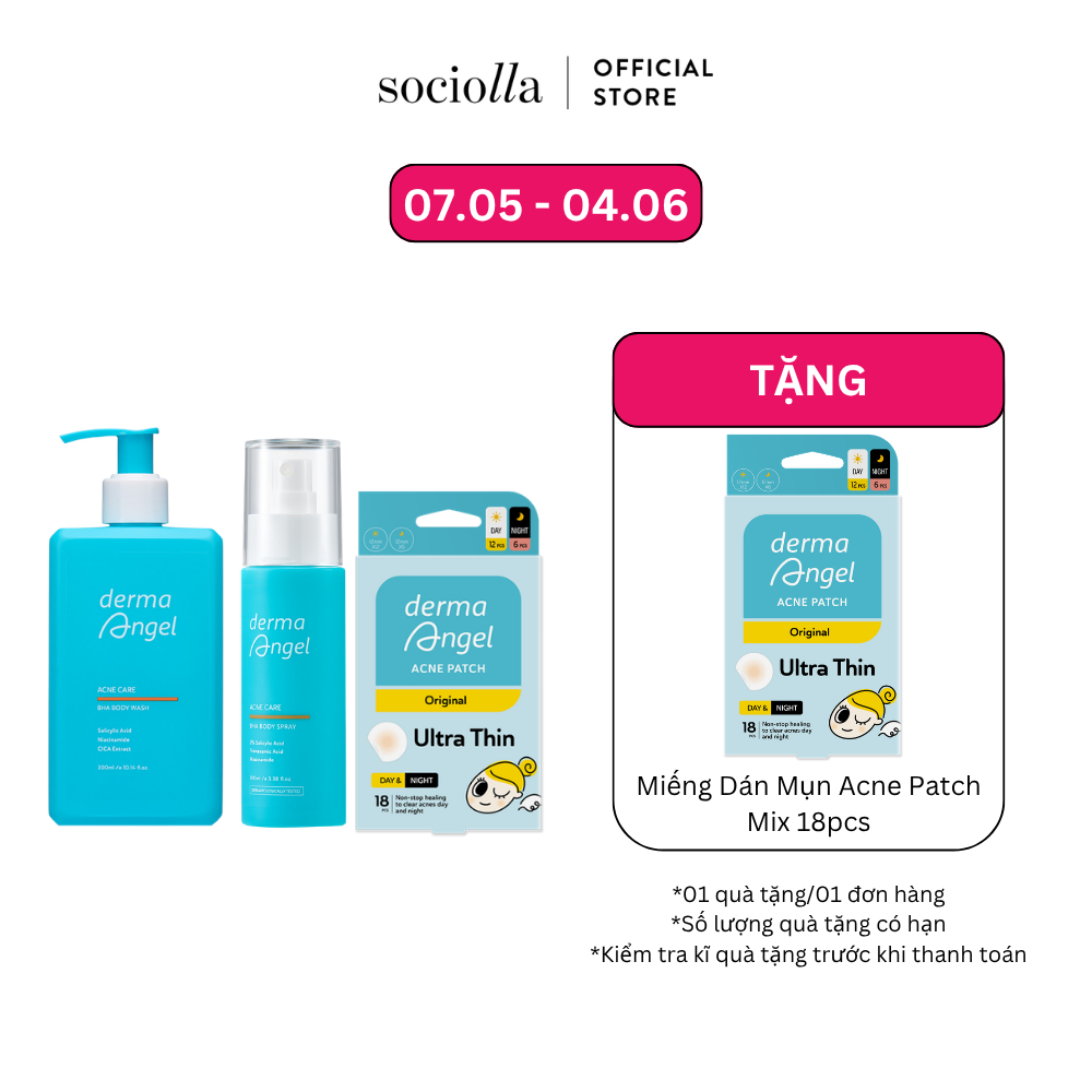 Combo Xịt Giảm Mụn Toàn Thân 100ml & Sữa Tắm Giảm Mụn Derma Angel 300ml & Miếng Dán Mụn Derma Angel 