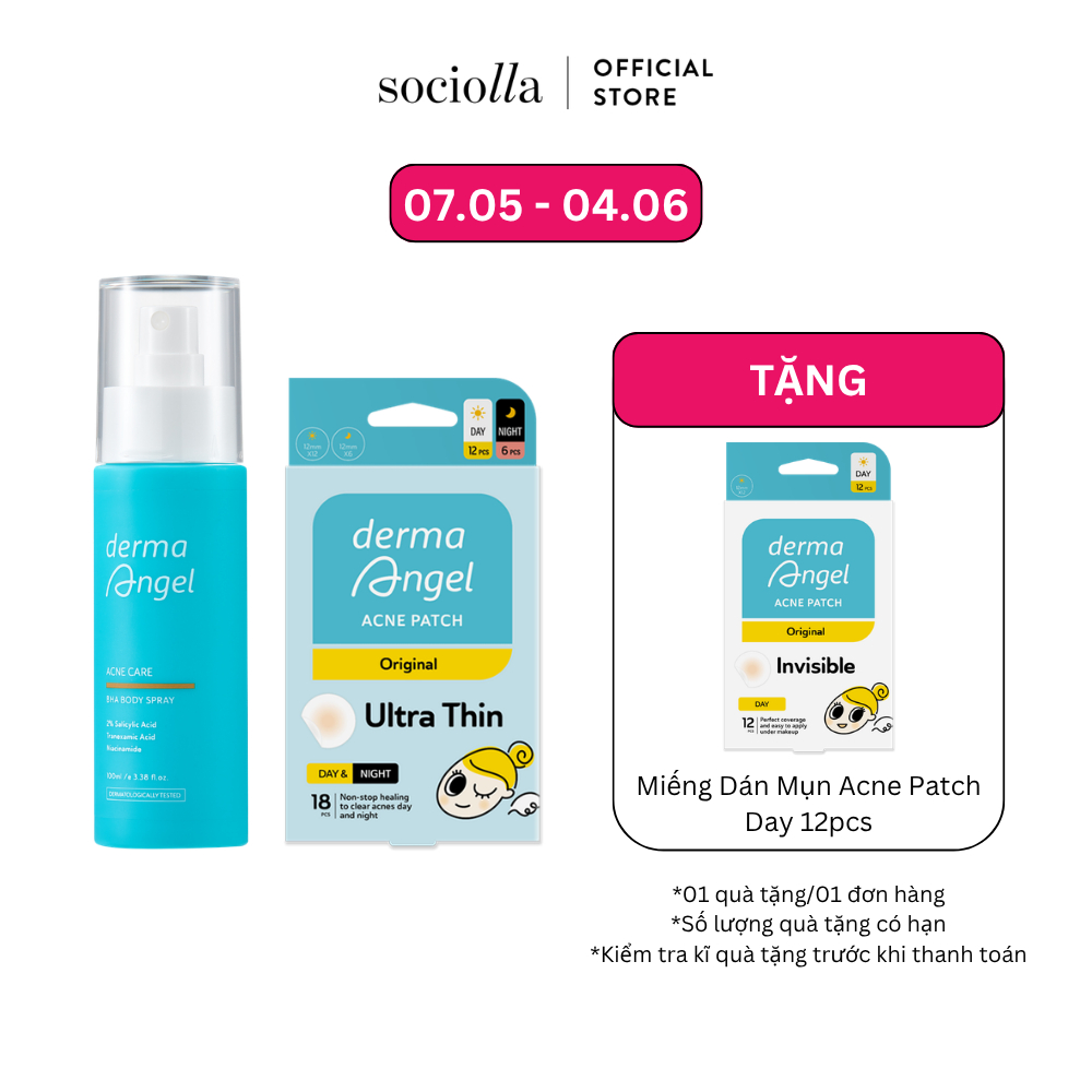 Combo Xịt Giảm Mụn Dưỡng Da Toàn Thân Derma Angel Acne Care BHA Body Spray 100ml & Miếng Dán Mụn Der