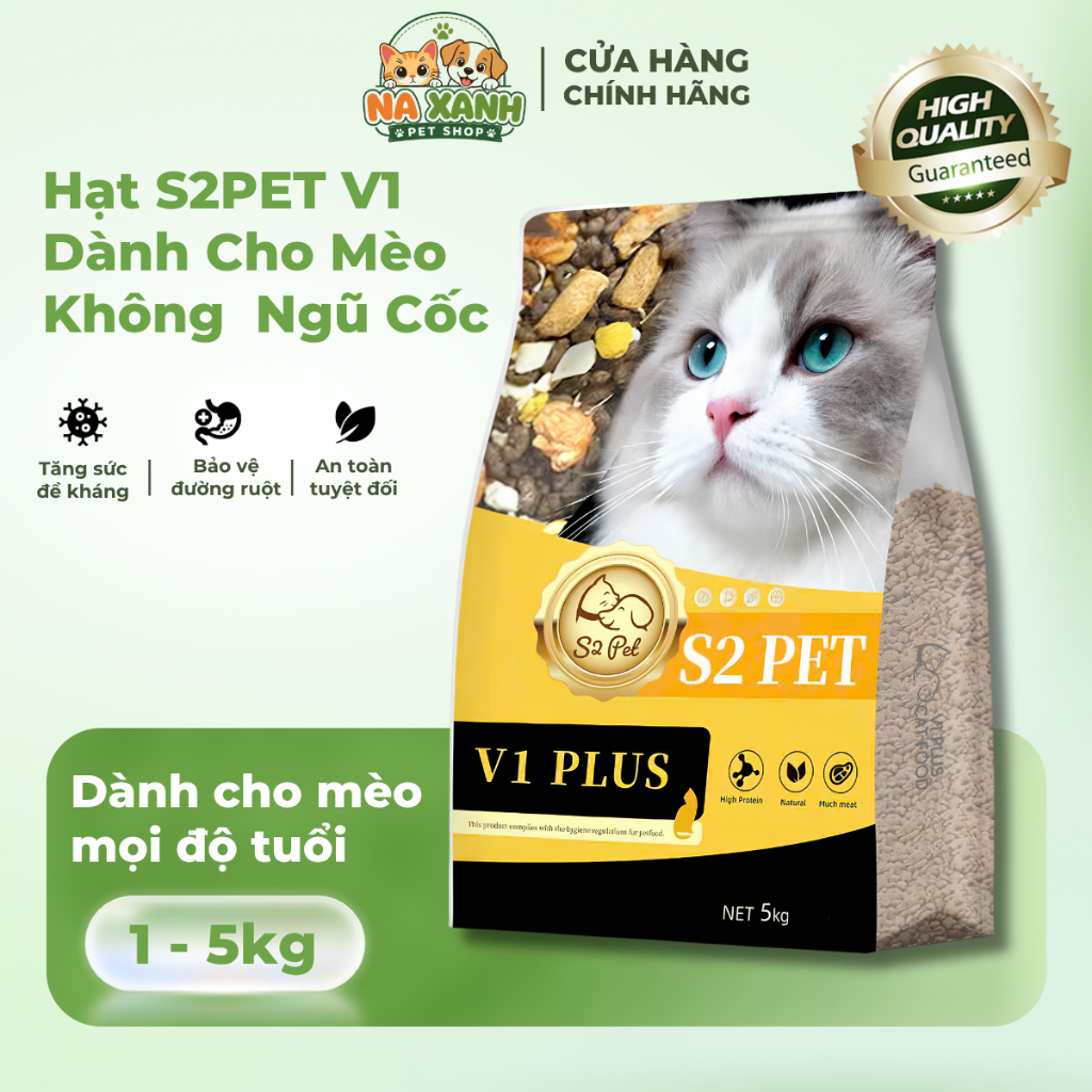 Hạt S2PET V1 Dành Cho Mèo 32% Đạm Cao, Không Độn Ngũ Cốc, Hạt Cho Mèo Con & Lớn 5KG, Na Xanh Petshop