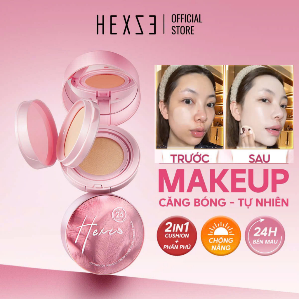 Cushion hỗ trợ chống nắng kèm phấn phủ 2 in1 HEXZE Spf25 PA+++, nâng tone tự nhiên cố định lớp makeu
