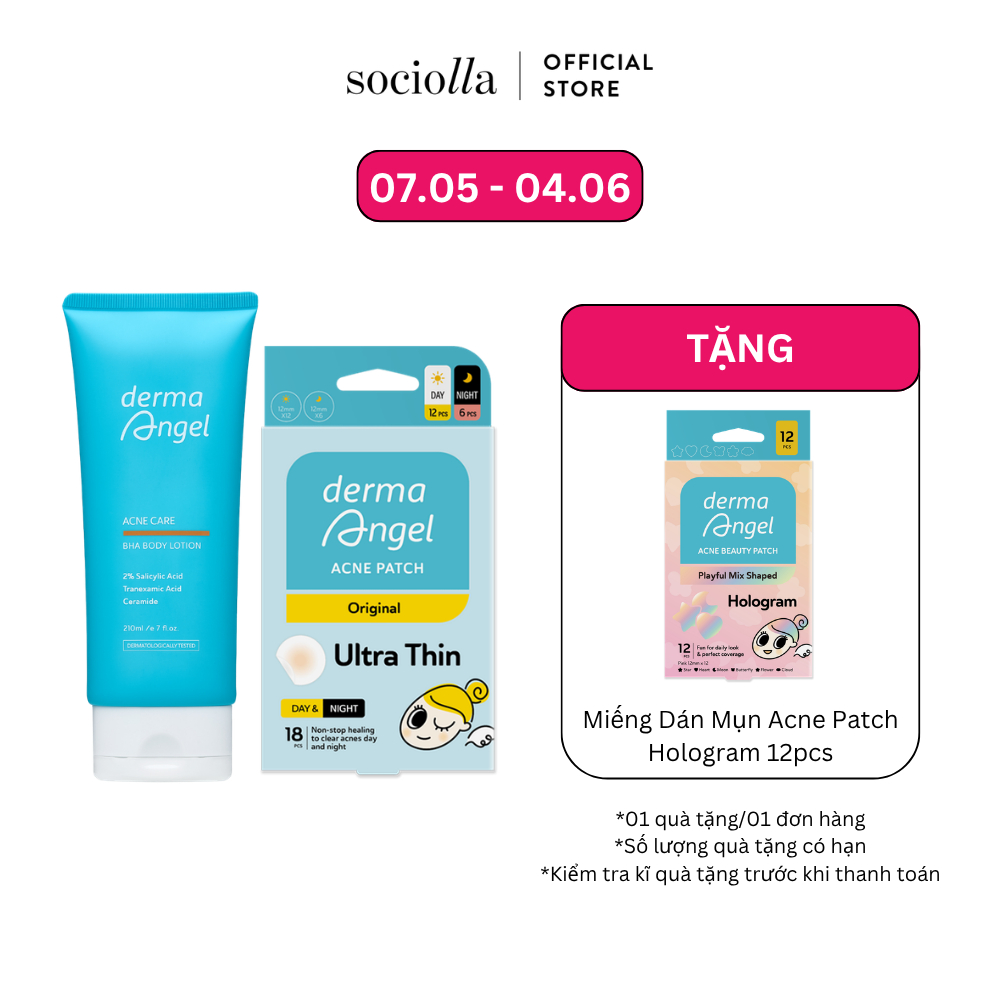Combo Kem Dưỡng Thể Giảm Mụn Dưỡng Da Mềm Mịn Derma Angel 210ml & Miếng Dán Mụn Derma Angel Mix 18