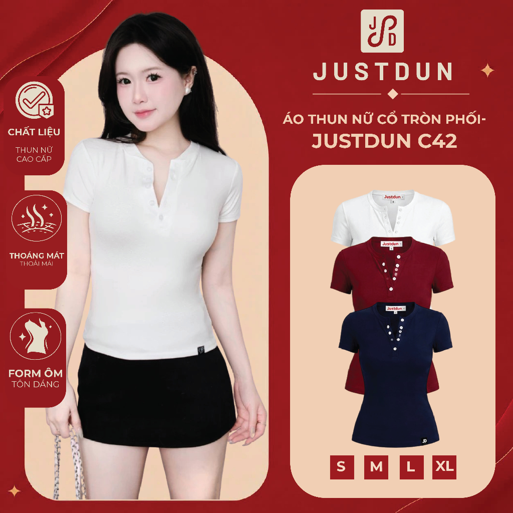 Áo Thun Nữ Cổ Tròn Phối Khuy JUSTDUN C42 - Chất Cotton Cao Cấp, Co Giãn 4 Chiều, Dễ Chịu, Thoáng Khí