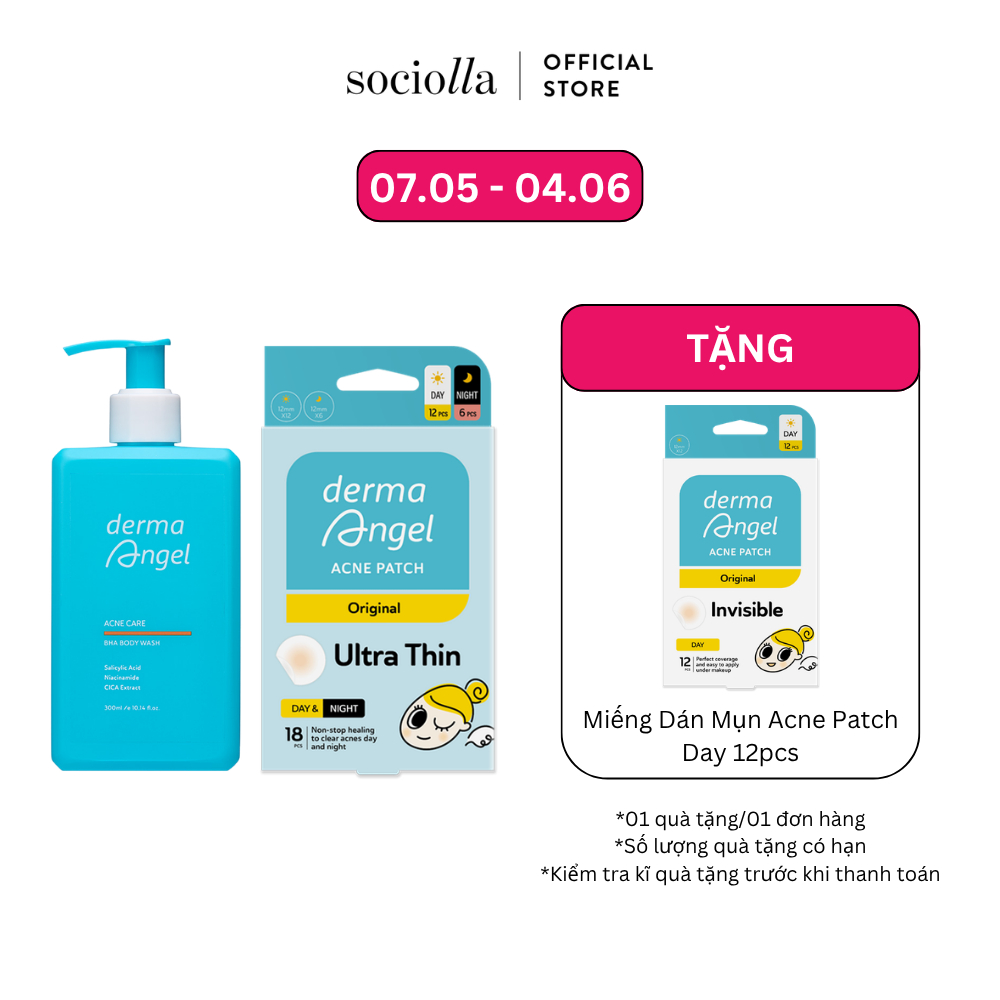 Combo Sữa Tắm Giảm Mụn Derma Angel Acne Care BHA Body Wash 300ml & Miếng Dán Mụn Derma Angel Mix 18