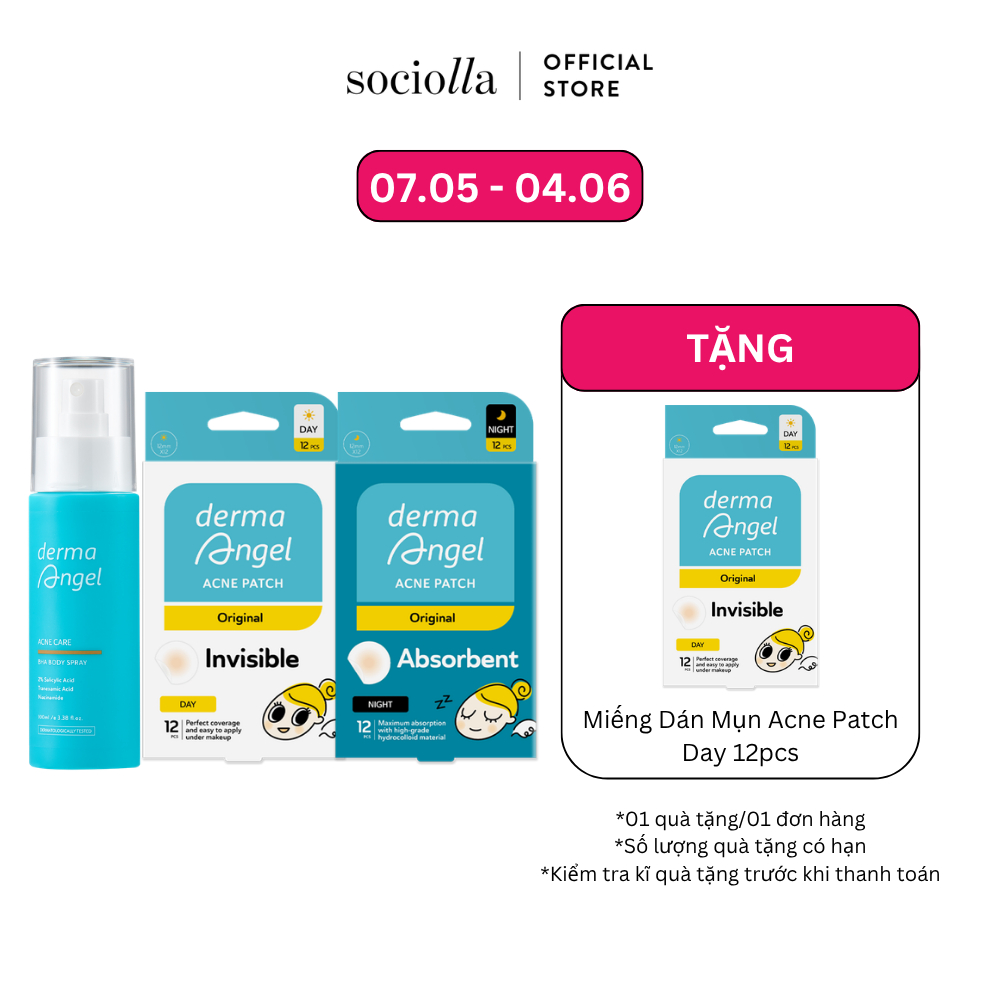 Combo Xịt Giảm Mụn Toàn Thân Derma Angel 100ml & Miếng Dán Mụn Derma Angel - Day 12 & Night 12