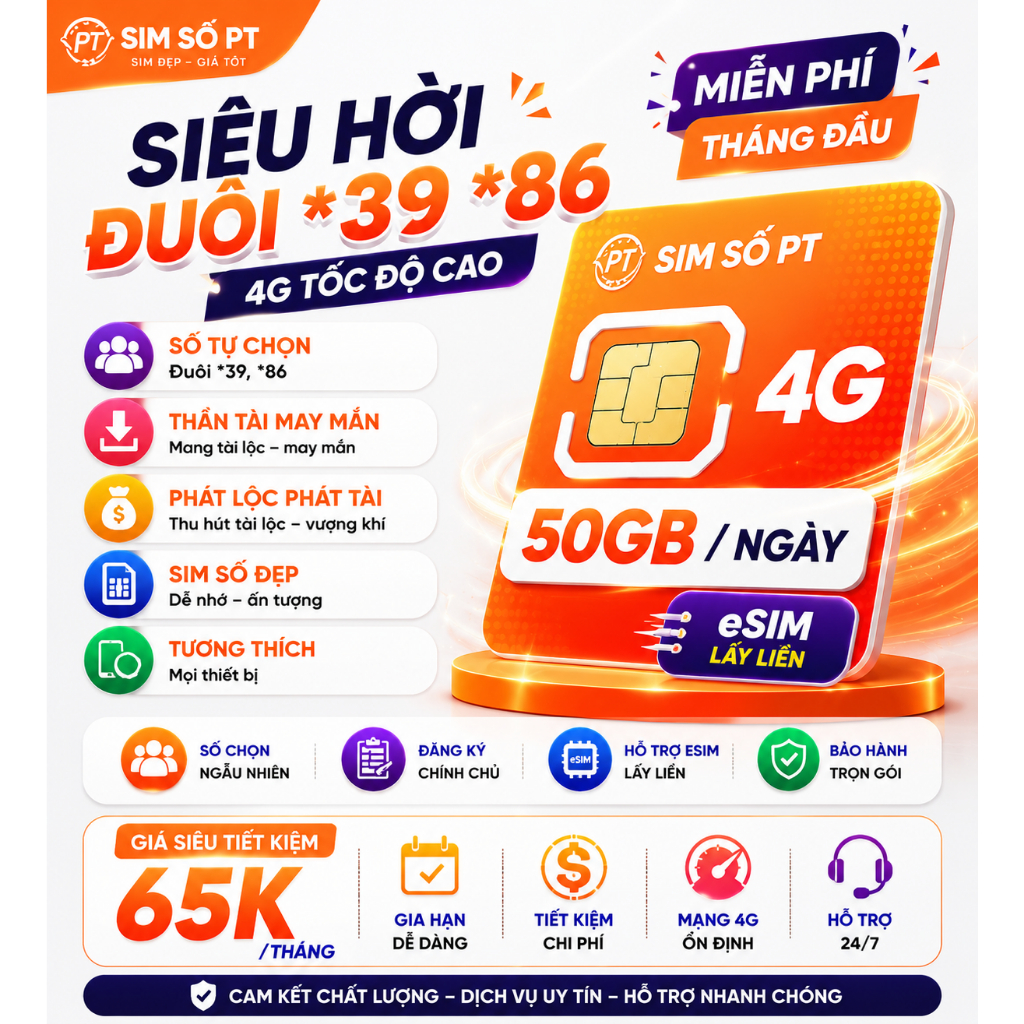 Sim 4G Vietnamobile Đuôi *39 *86 – Hỗ Trợ eSIM Lấy Liền, 50GB/Ngày
