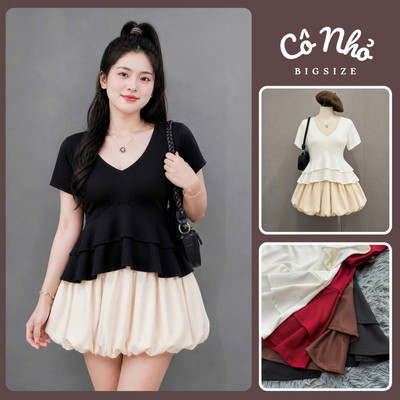 Áo Thun Bigsize Nữ Cổ V Vạt Xòe Tầng Tay Ngắn Dáng Peplum Vải Thun Gân Co Giãn A348