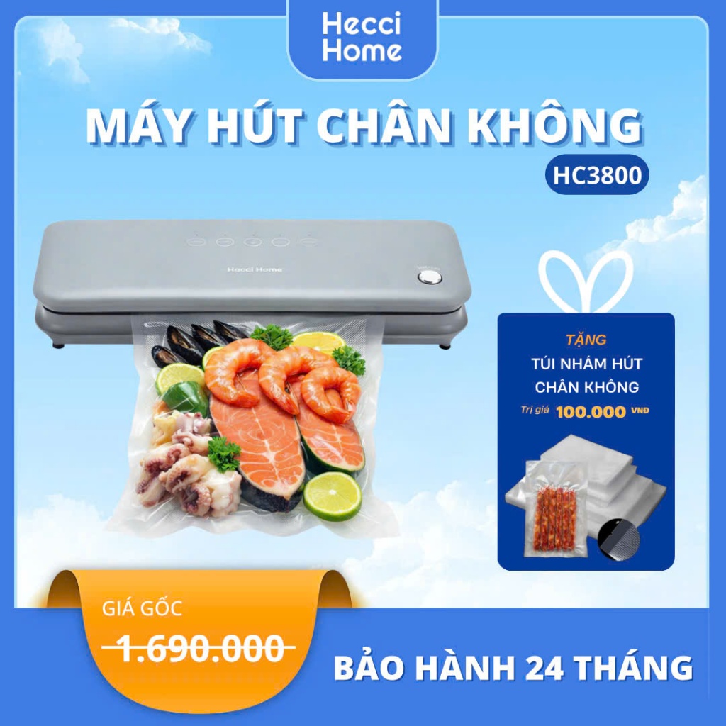 [KHÔNG KÉN TÚI] Máy Hút Chân Không Thực Phẩm Gia Đình Hecci Home HC3800 động cơ mạnh mẽ
