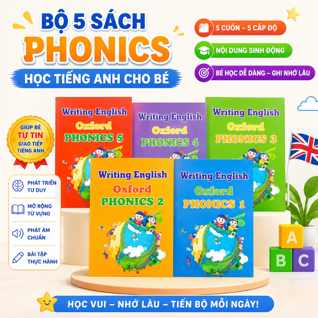 Bộ 5 Sách Phonics Tiếng Anh Cho Bé Writing English Phonics 1-5 Luyện Phát Âm Và Từ Vựng