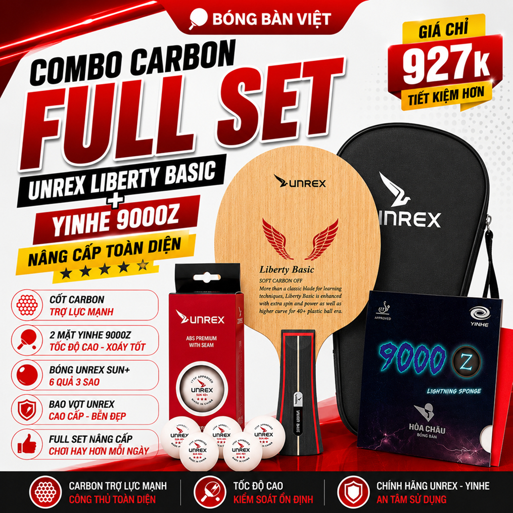 Combo Carbon Full Set Unrex Liberty Basic | Yinhe 9000Z | Bóng Unrex SUN+ | Bao Vợt Unrex