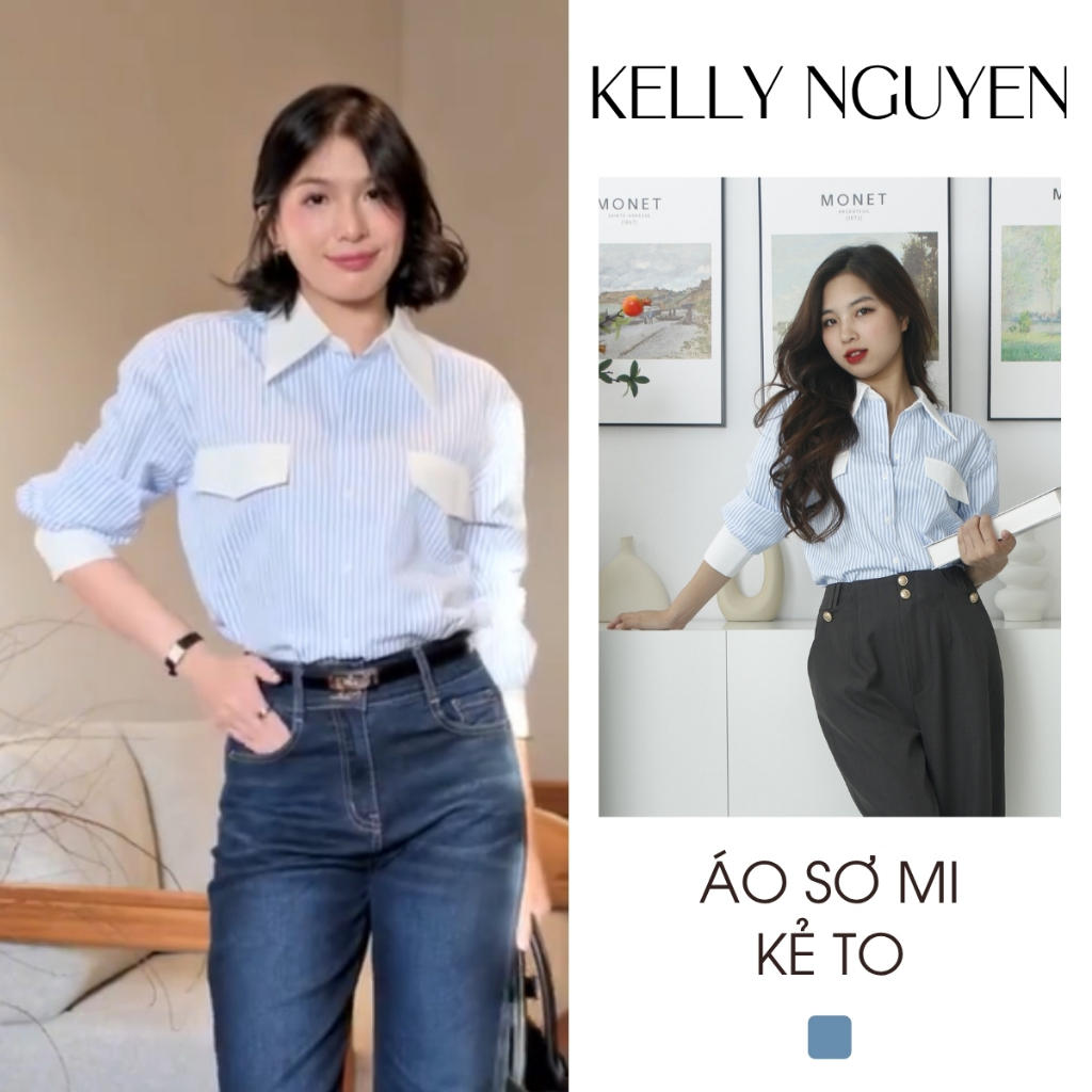 Áo sơ mi nữ dài tay KELLY NGUYỄN màu xanh phối trắng kẻ sọc, phong cách thanh lịch | ASM001