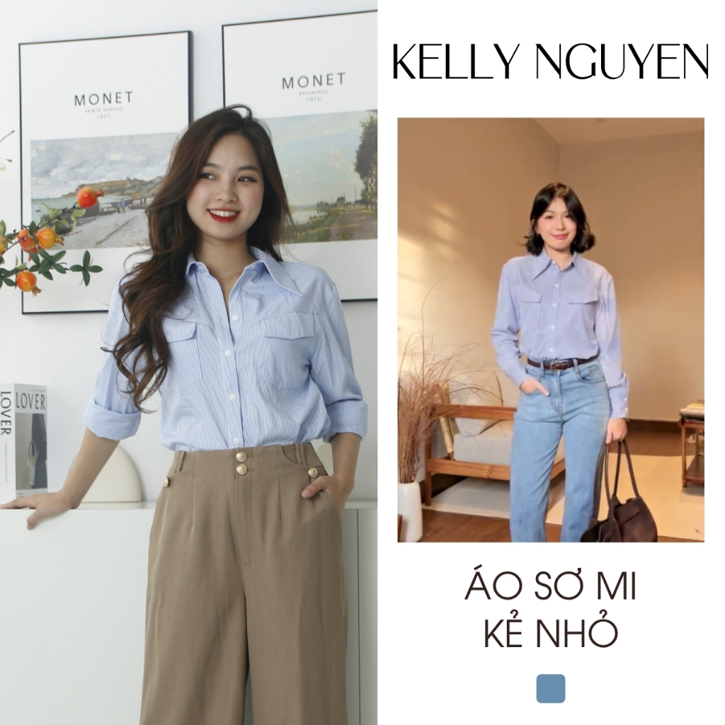 Áo sơ mi nữ KELLY NGUYỄN màu xanh kẻ sọc, phong cách trẻ trung, thanh lịch | ASM002
