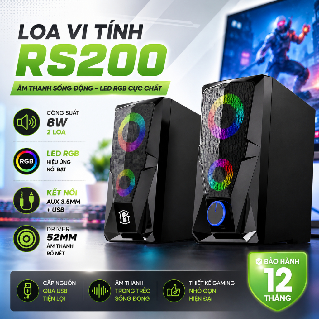 ViVan Loa máy vi tính mini Robot RS200 Hiệu Ứng Đèn LED - Âm Thanh Chất Lượng Cao