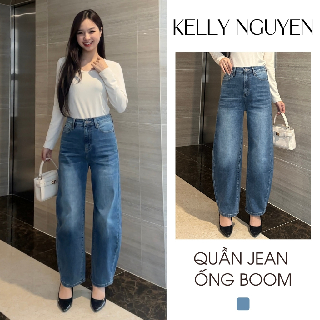 Quần jeans baggy cong KELLY NGUYỄN chất jean mềm co giãn, thiết kế trẻ trung cá tính | QJN002