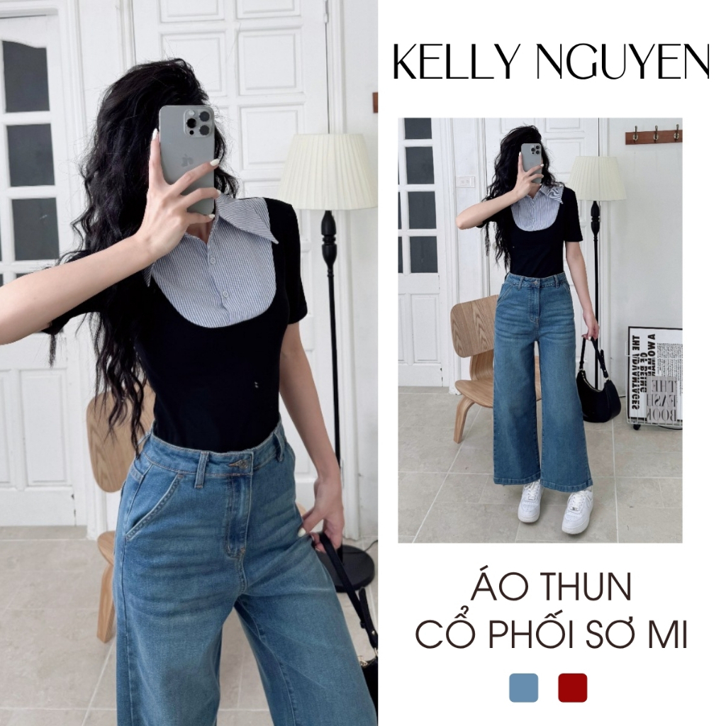 Áo thun pha sơ mi KELLY NGUYỄN, áo cộc tay phối cổ sơ mi thanh lịch | ATCT001