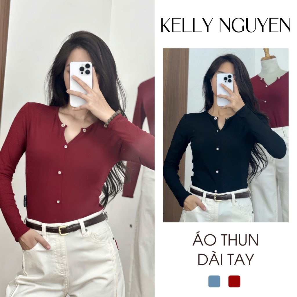 Áo thun nữ dài tay KELLY NGUYỄN, thiết kế ôm tôn dáng, có nút bấm kim loại | AT001