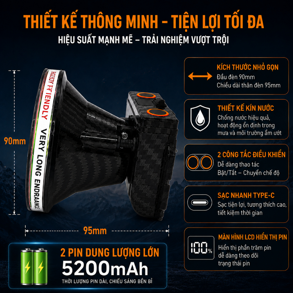 Đèn đội đầu siêu sáng kín nước pin sạc dụng lượng cao 3 chế độ sáng XJ 8205S - 9813S