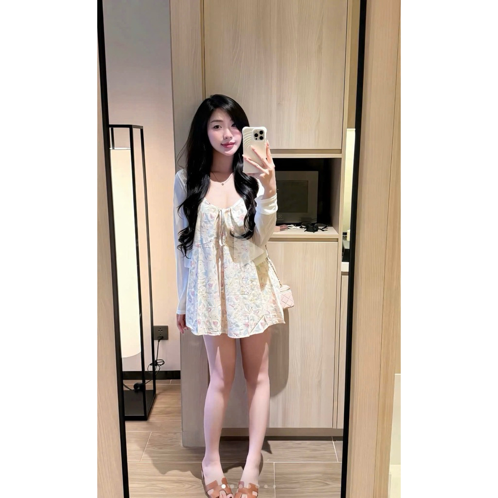 [Hàng Chuẩn QC] Set váy hai dây babydoll hoa lá hồng kèm áo cardigan mỏng khoác ngoài siêu xinh A5664