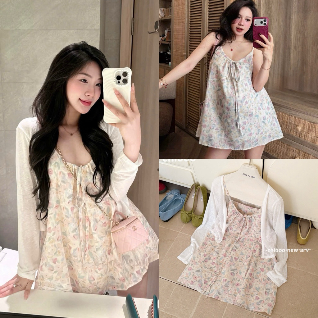 [Hàng Chuẩn QC] Set váy hai dây babydoll hoa lá hồng kèm áo cardigan mỏng khoác ngoài siêu xinh A5664 | BigBuy360 - bigbuy360.vn