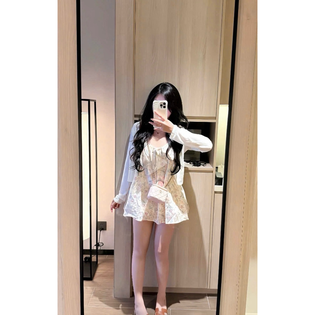 [Hàng Chuẩn QC] Set váy hai dây babydoll hoa lá hồng kèm áo cardigan mỏng khoác ngoài siêu xinh A5664 | BigBuy360 - bigbuy360.vn