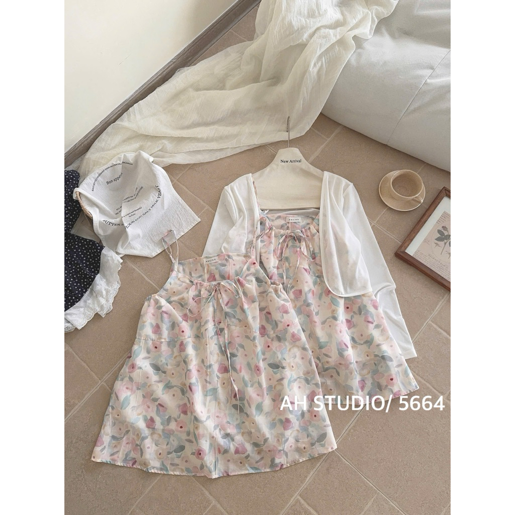 [Hàng Chuẩn QC] Set váy hai dây babydoll hoa lá hồng kèm áo cardigan mỏng khoác ngoài siêu xinh A5664 | BigBuy360 - bigbuy360.vn