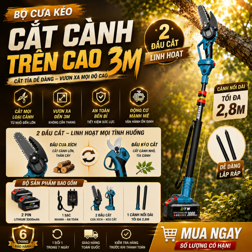 Cưa cành cây trên cao , Máy cưa cành cao 3m DTW động cơ lõi đồng dùng pin C96-1