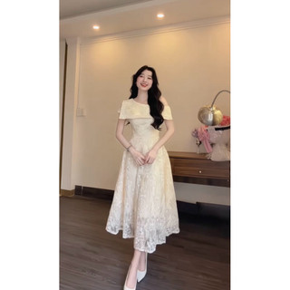 ĐẦM Dự Tiệc Nữ Ren Dáng Dài Lệch Vai TẶNG HOA CÀI VÁY CHUẨN 3 Lớp SIÊU SANG CHẢNH Kèm Ảnh Thật TRENDY STYLE