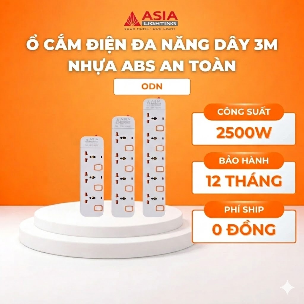 Ổ Cắm Điện Đa Năng Asia Lighting Dây 3m, Công Suất 2500w, Có Nắp Che An Toàn, Đèn Báo Cho Từng Ổ Cắm