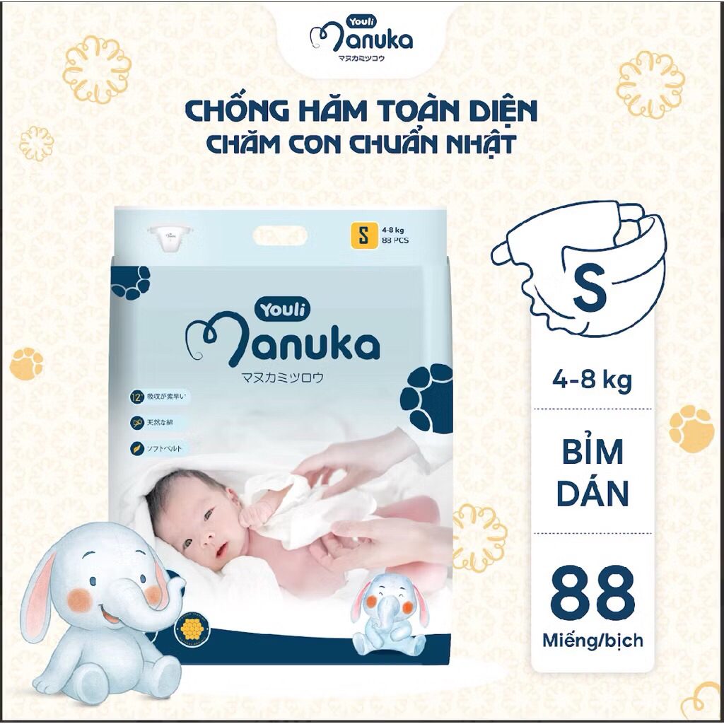 Bỉm Manuka Full Size cho bé, mỏng, thấm tốt, nhiều miếng