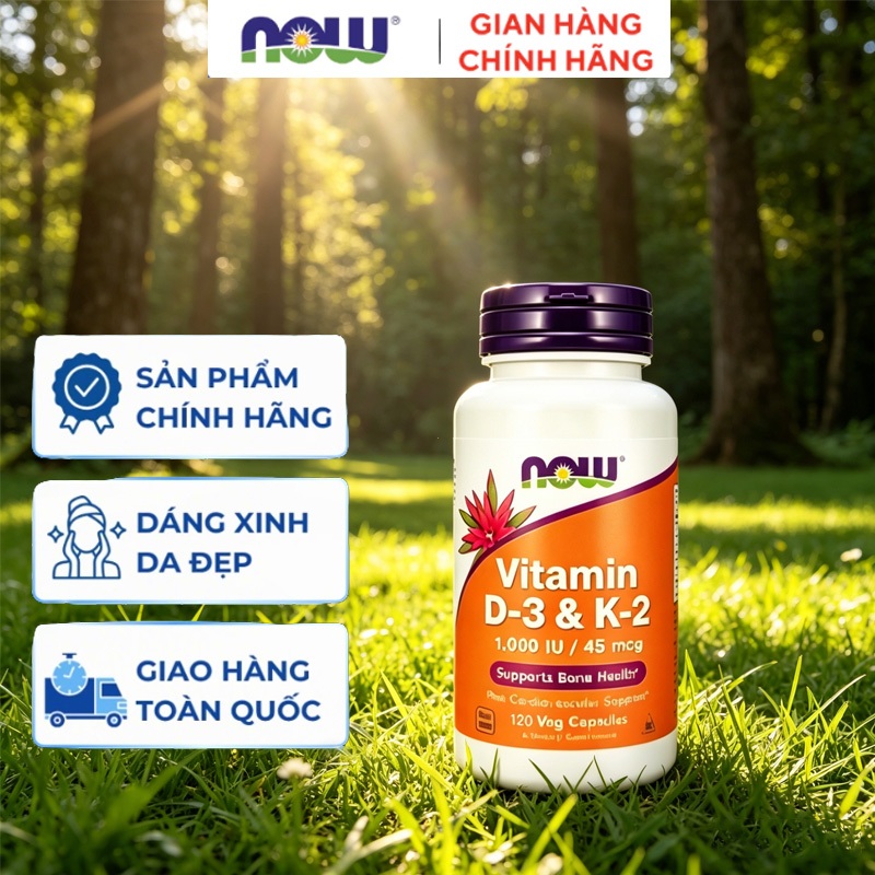 Viên uống Vitamin D3 K2 Now 1000 IU 45 mcg giúp xương chắc khỏe , thúc đẩy hấp thụ canxi.